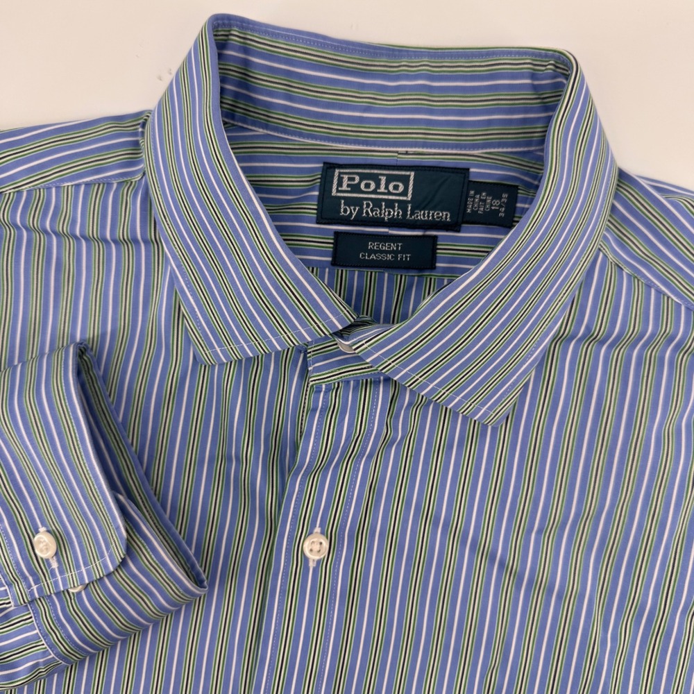 Polo Ralph Lauren Button Down Men 18 34/35 Blue Green Striped Regent Classic Fit
